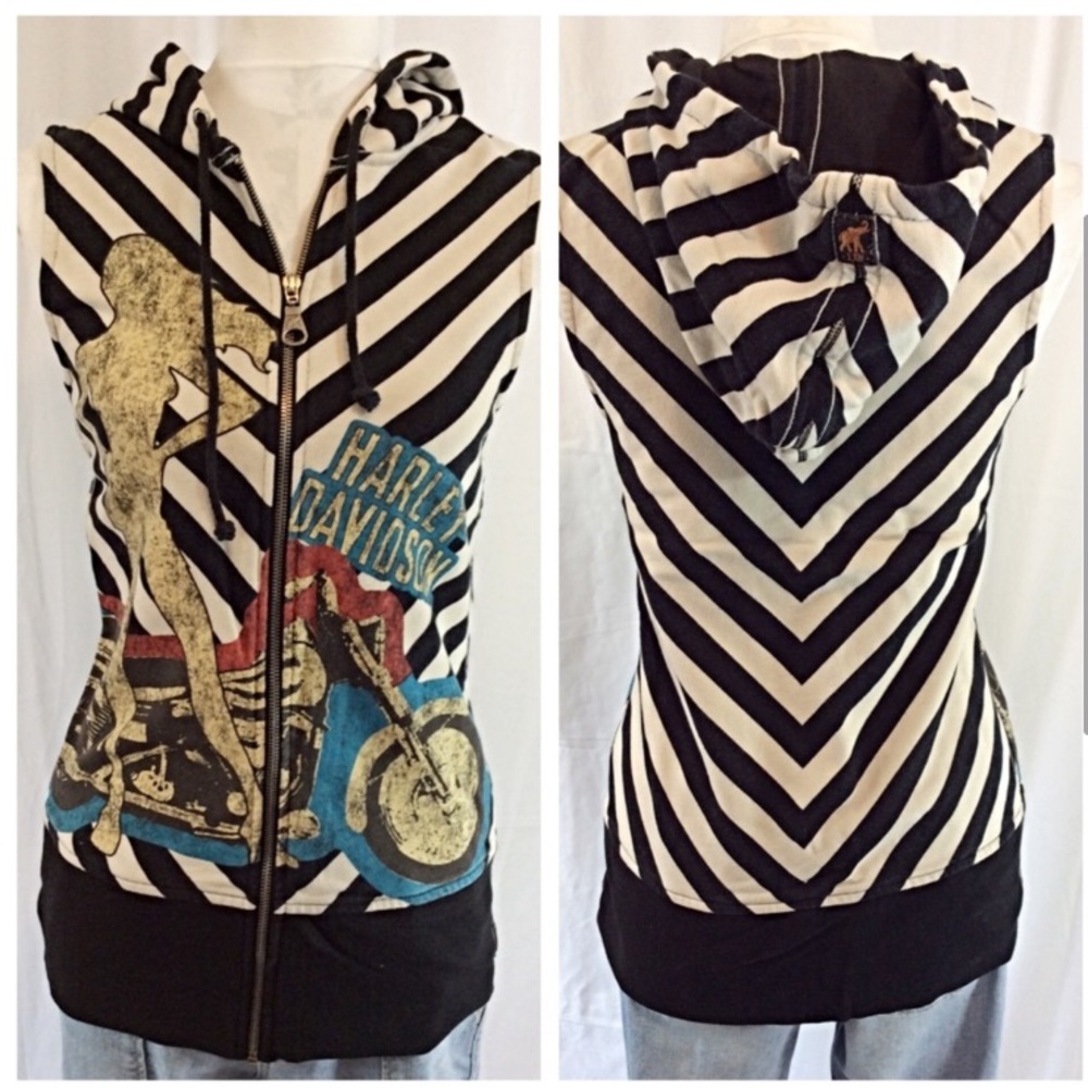HARLEY DAVIDSON Trunk LTD Limited Edition Black White Stripped Zip Hooded Vest M